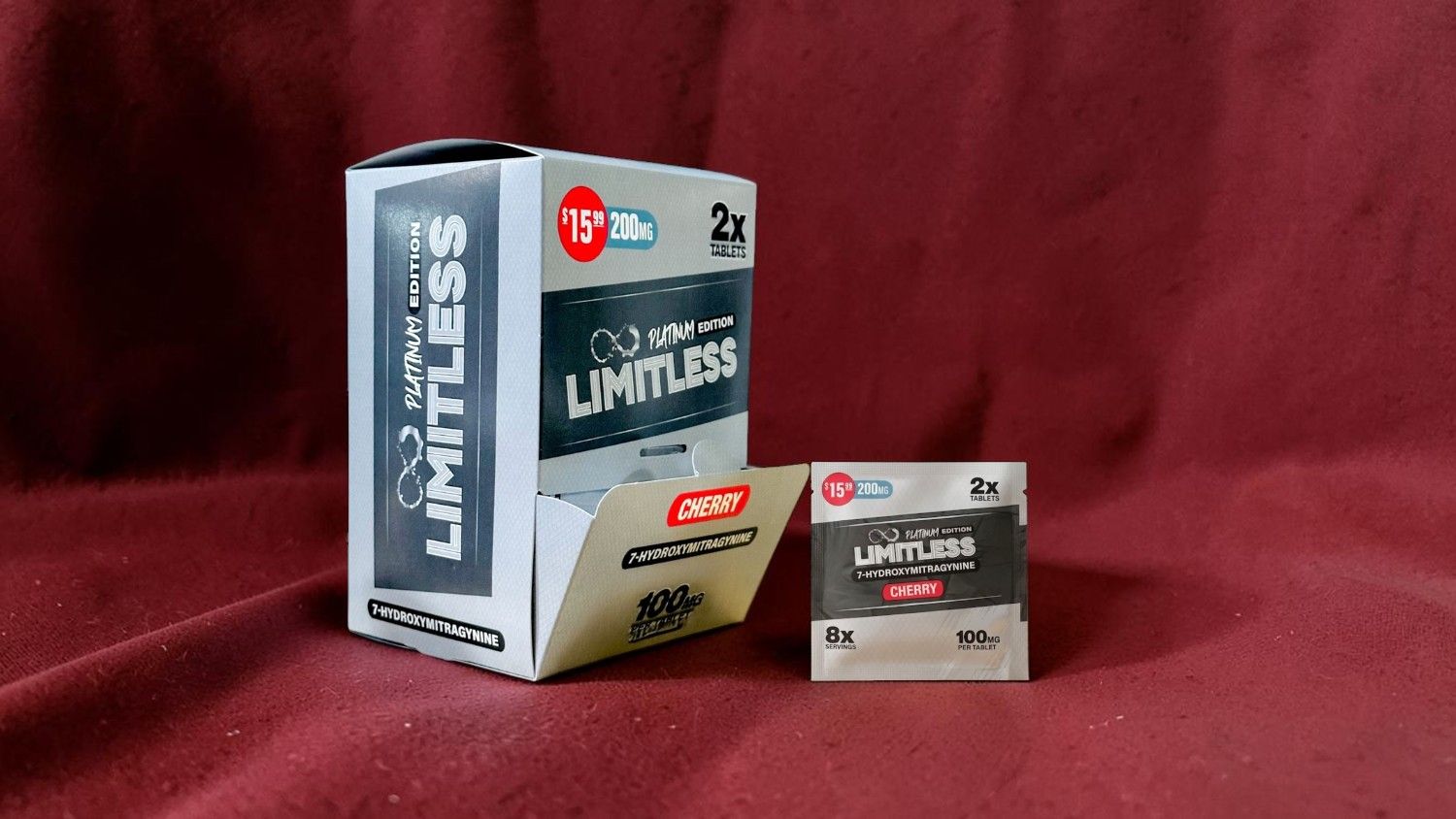 Box and package of Limitless film on a red background.