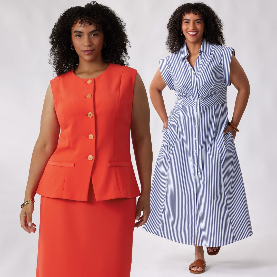 Two women modeling stylish outfits, one in orange and one in blue.