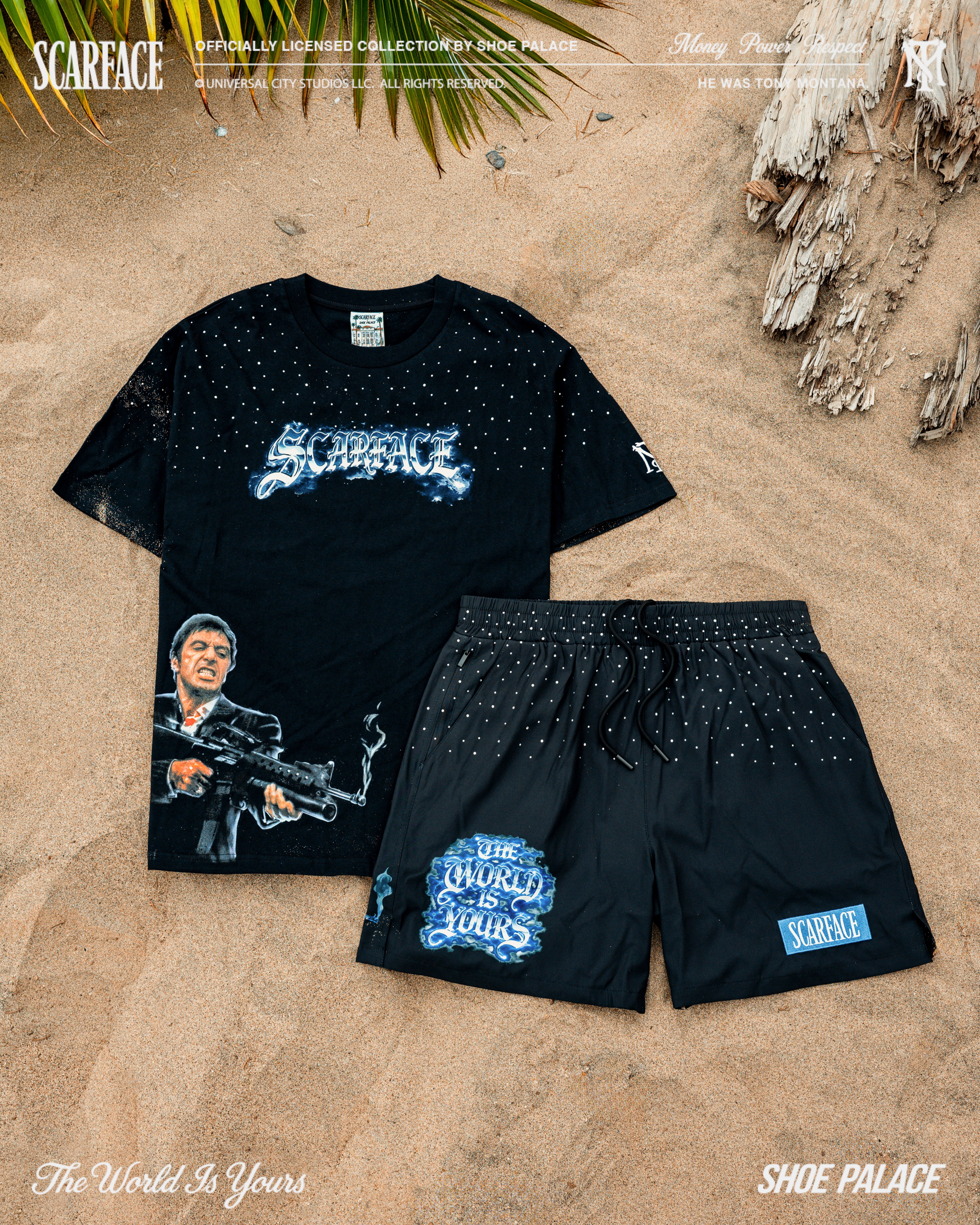 Black t-shirt and shorts featuring a Scarface graphic design.