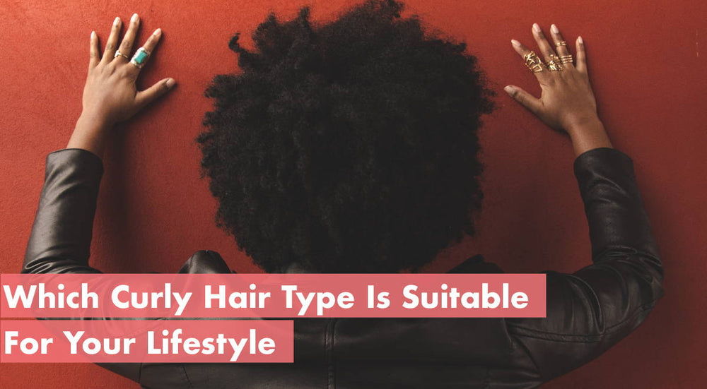 Person with curly hair against a red background, text overlay about hair types.