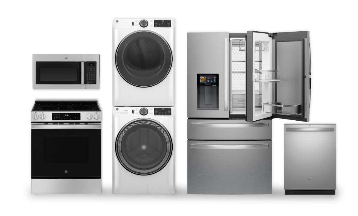A collection of modern kitchen appliances, including a refrigerator, oven, and washer.