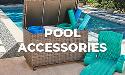 Pool accessories stored in a wicker box by a swimming pool.