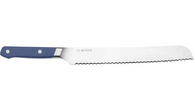 The Misen Serrated Knife features wider, deeper pointed serrations that make the blade more efficient.