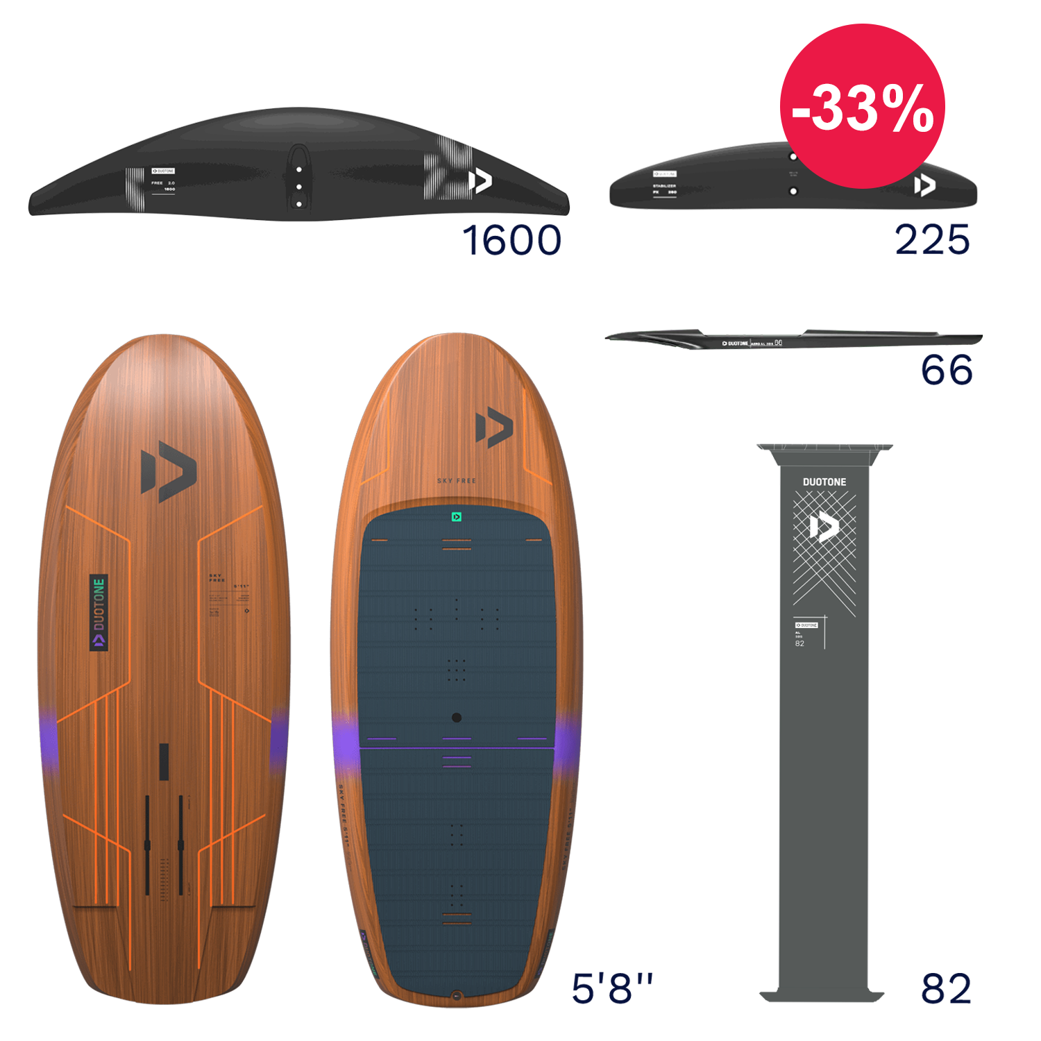 Surfboard design with specifications and a discount label.