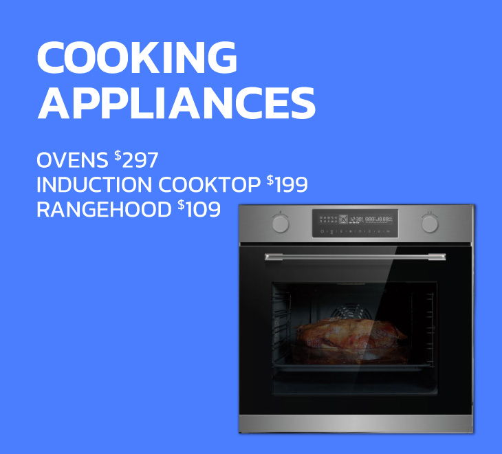 Cooking appliances with prices: ovens, induction cooktop, rangehood.