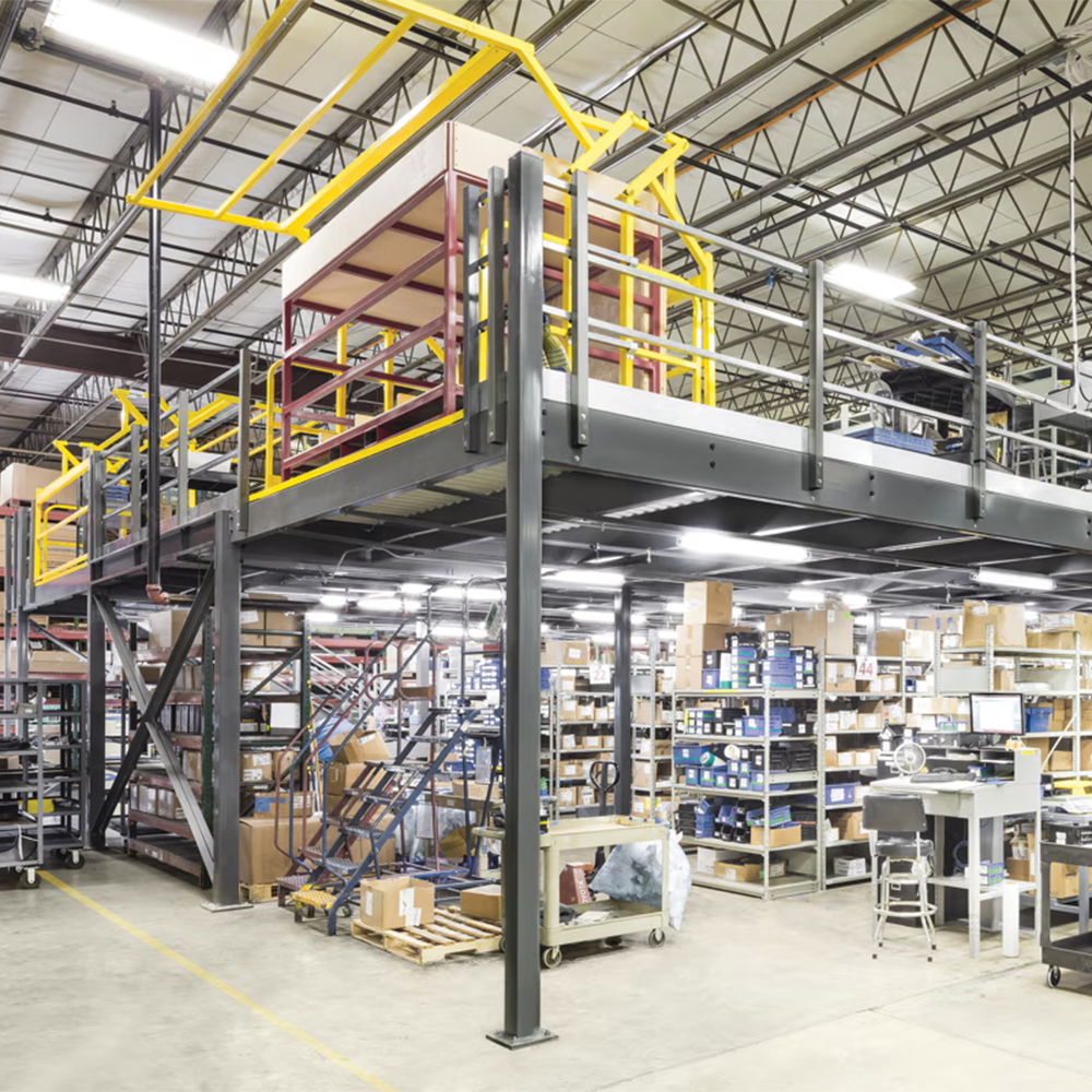 A spacious warehouse with shelving and a raised platform for storage.