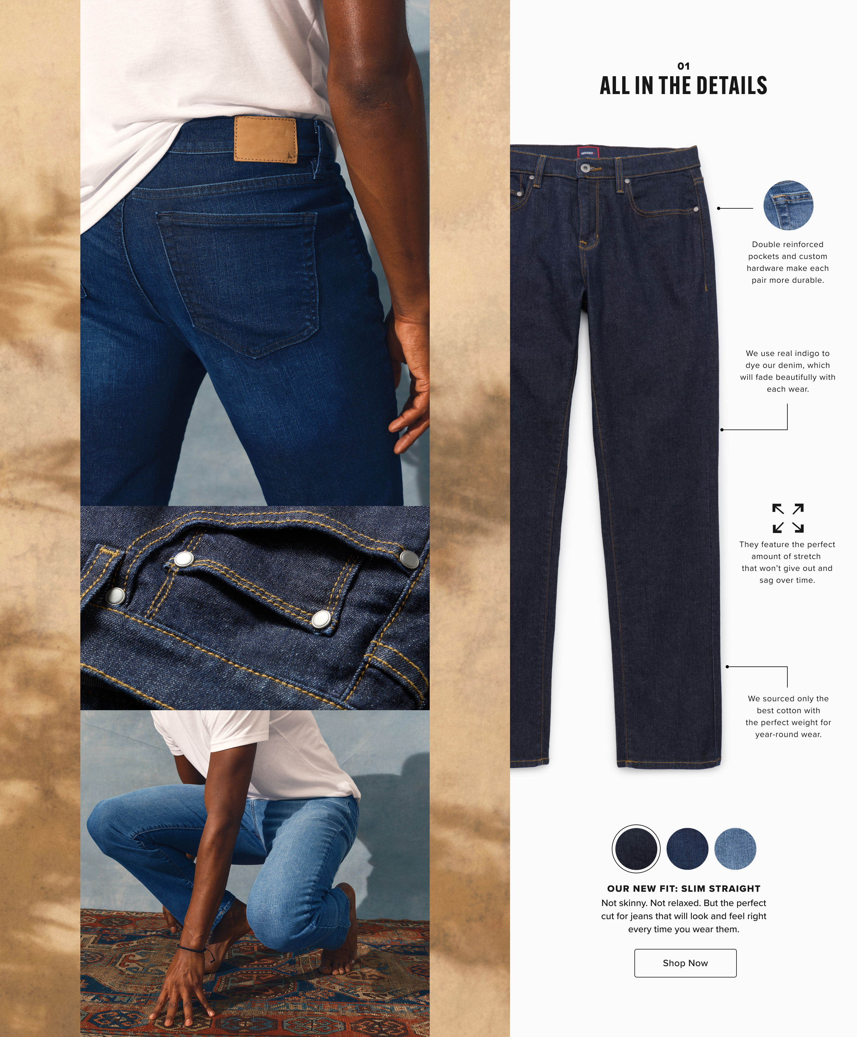Jeans promotional image with different styles and details.