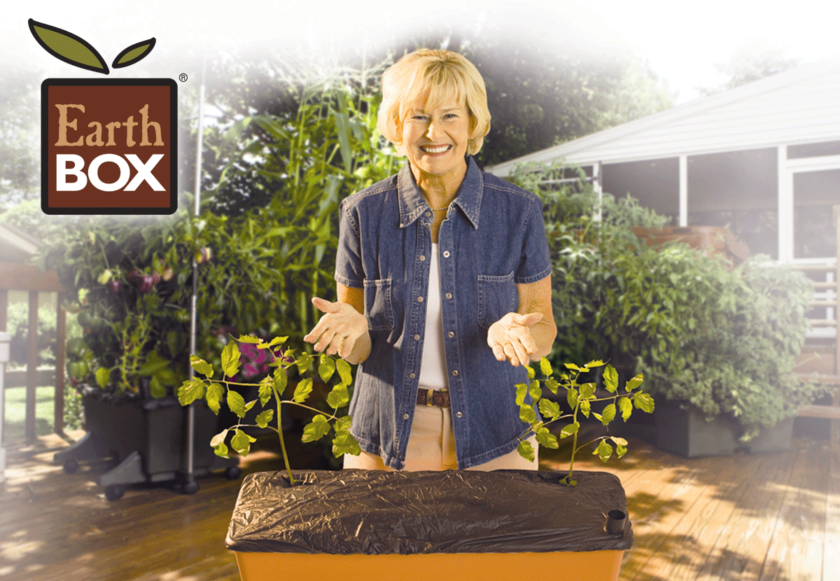 Woman gardner promoting the EarthBox container gardening system