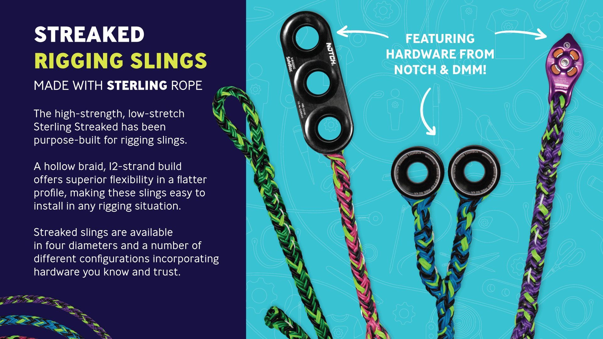 Streaked rigging slings made with strong rope and featuring hardware.