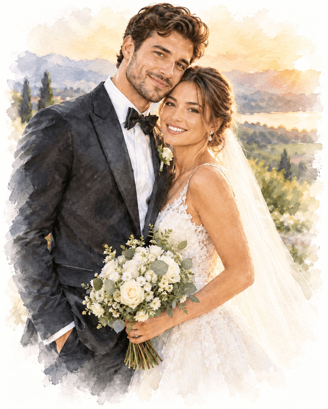 A happy couple in wedding attire, smiling with a bouquet and scenic background.