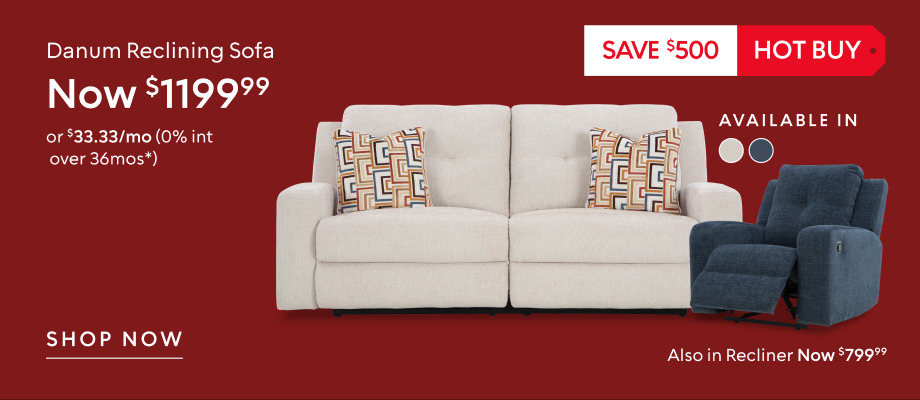 Save $500 on the Danum reclining sofa, now $1,199.99; matching recliner now $799.99.