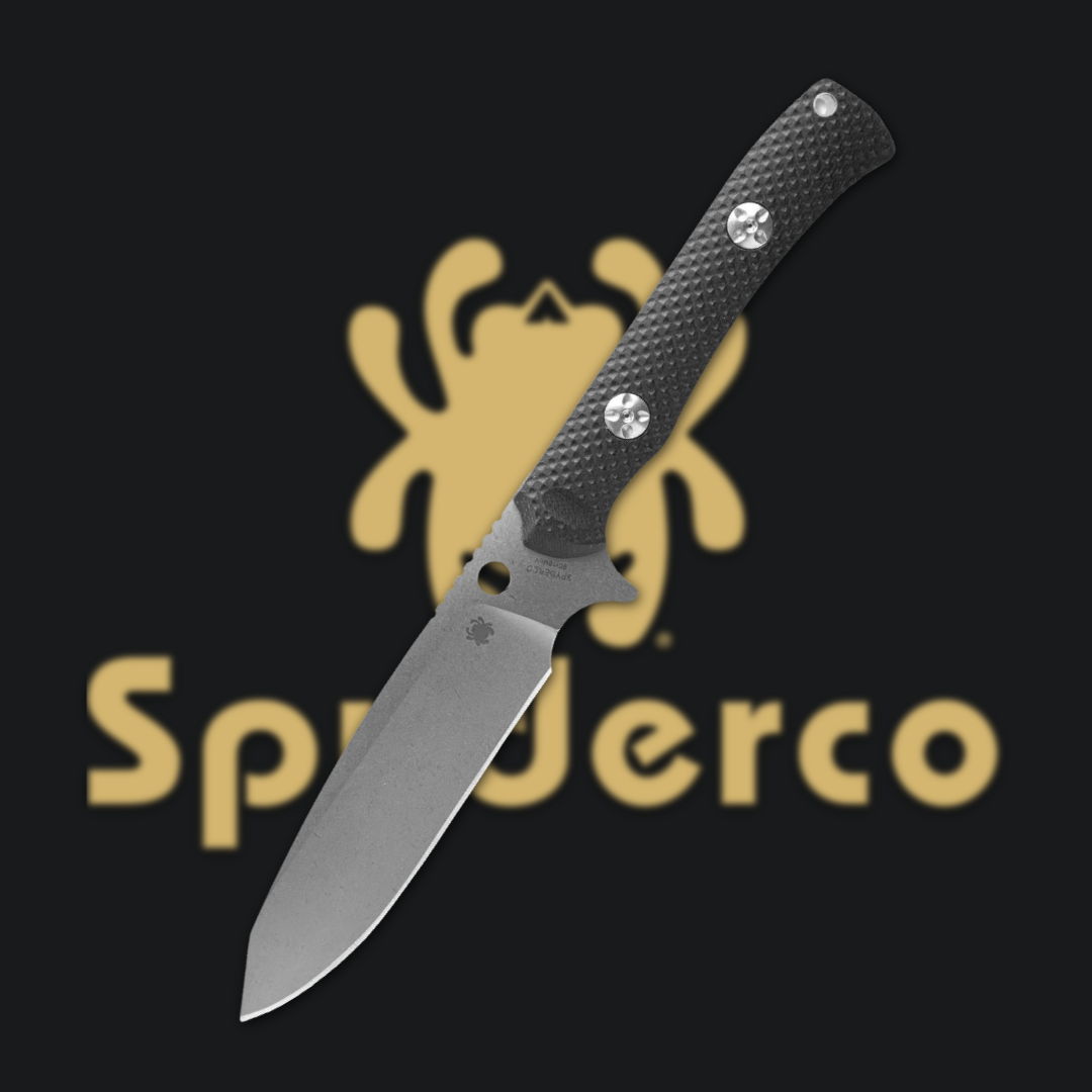 Black folding knife with a silver blade and Spyderco logo background.
