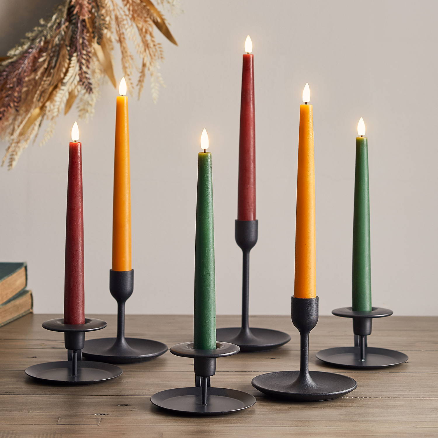 Autumnal LED taper candles in traditional autumnal shades