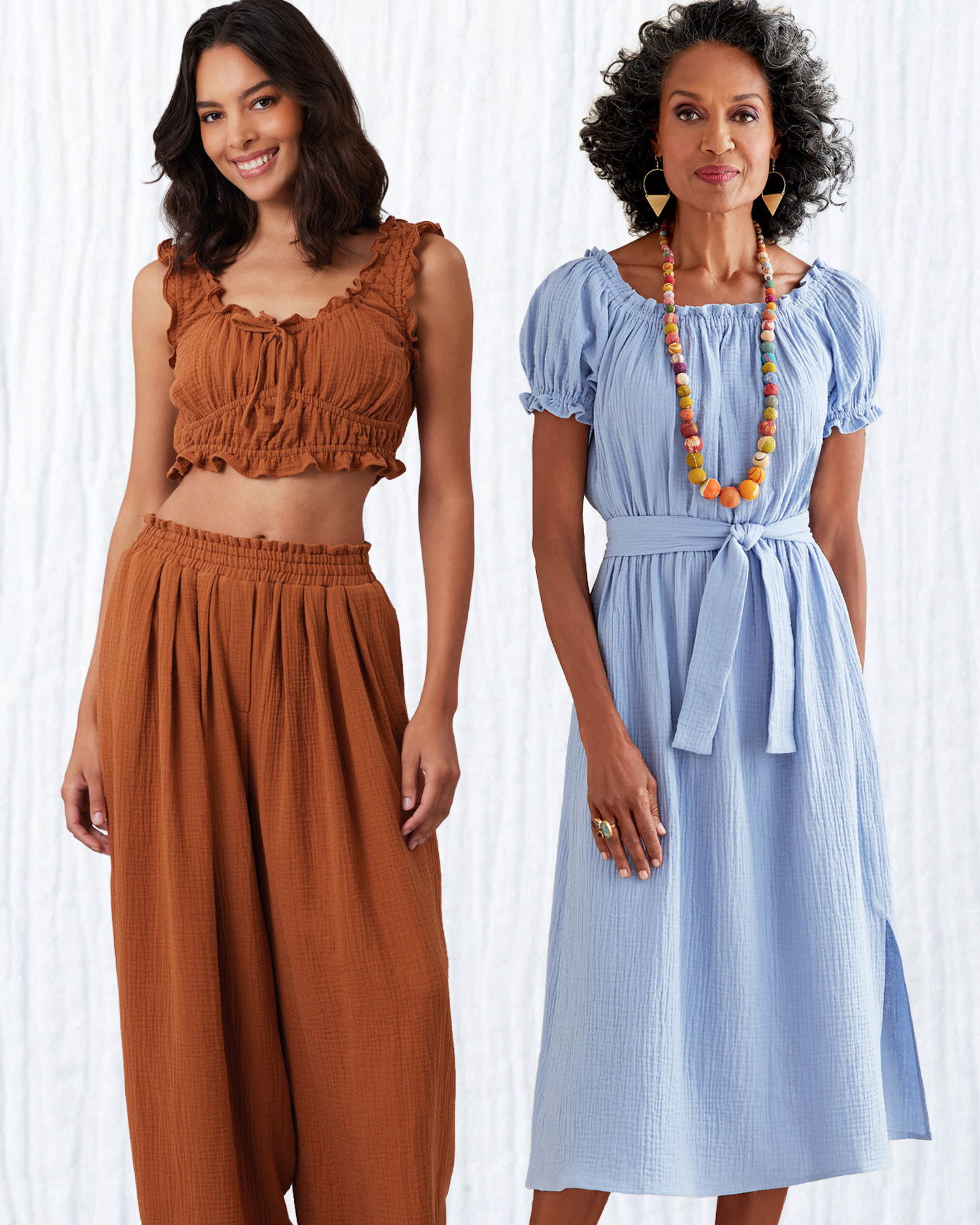 Two women modeling outfits: brown crop top with pants and blue dress.