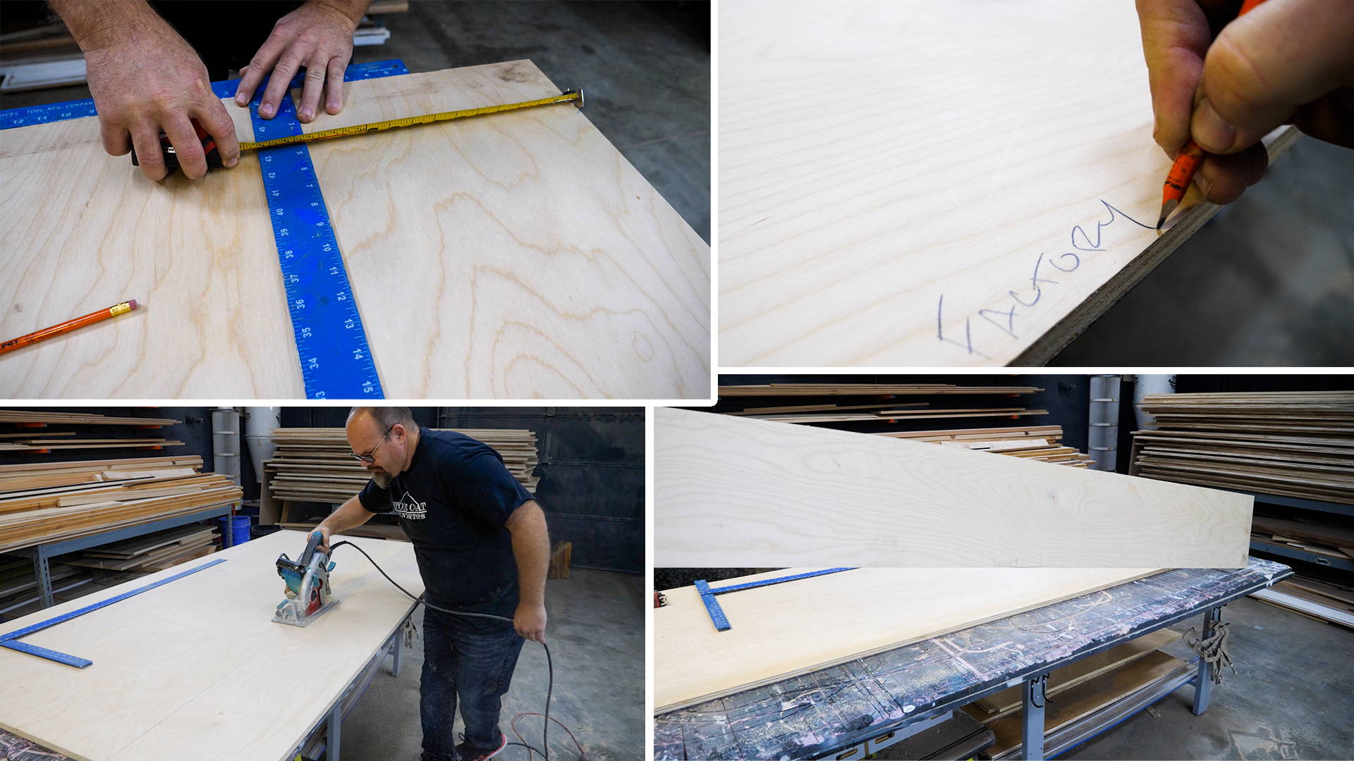 Step #1: Create your base. Rip a sheet of plywood to 9”, measuring from the factory edge.
