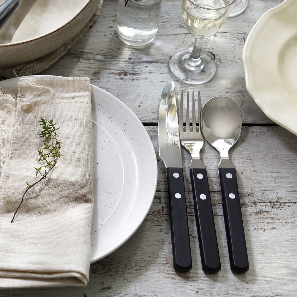 Table setting with plates, Trattoria cutlery, a napkin, and a glass.