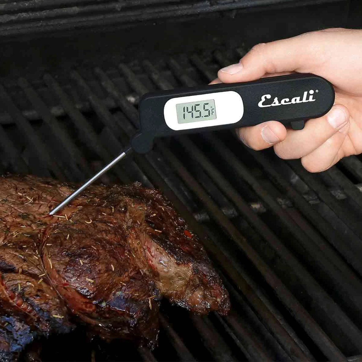 Hand holding a meat thermometer over a grilled piece of meat.