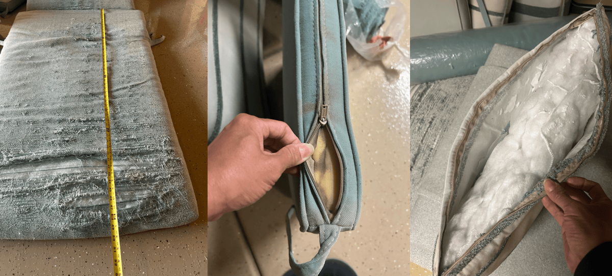 Close-up triptych of damaged outdoor cushions, worn performance fabric, and pillow inserts showing cushion failure from sun and weather exposure.