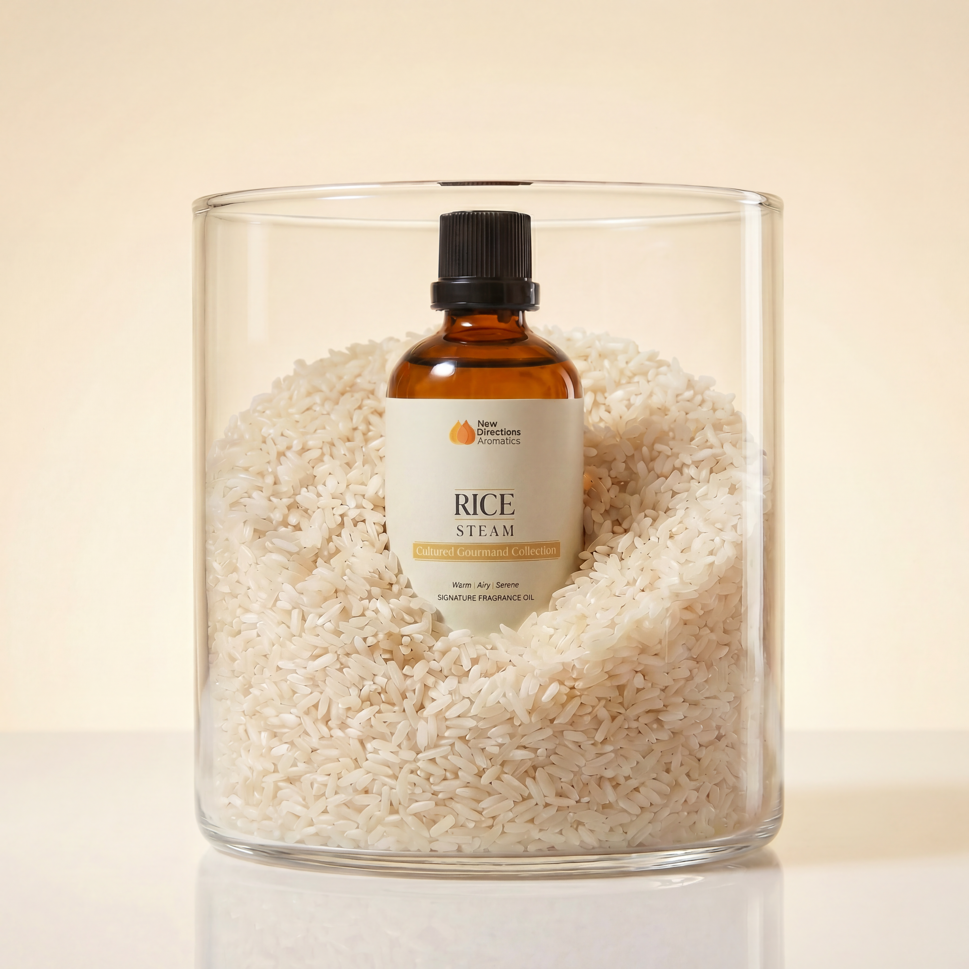 Brown bottle with label surrounded by rice in a glass container.