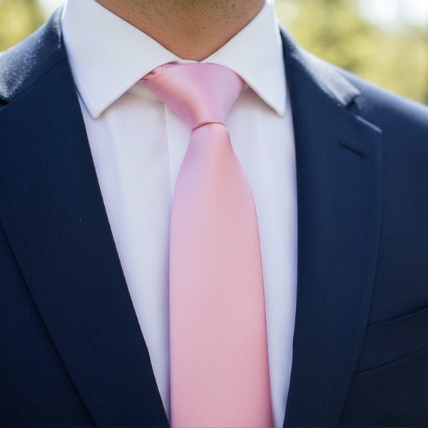 Man wearing a pink tie and navy blue suit
