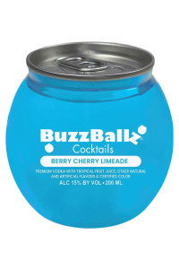 BuzzBallz Berry Cherry Limeade cocktail in a blue spherical container.