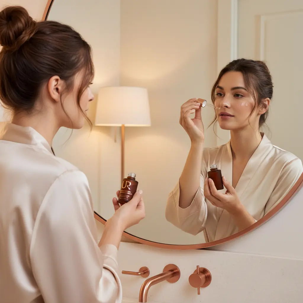 Woman applying Concentrated Hyaluronic Serum in front of a mirror, wearing a silk robe.