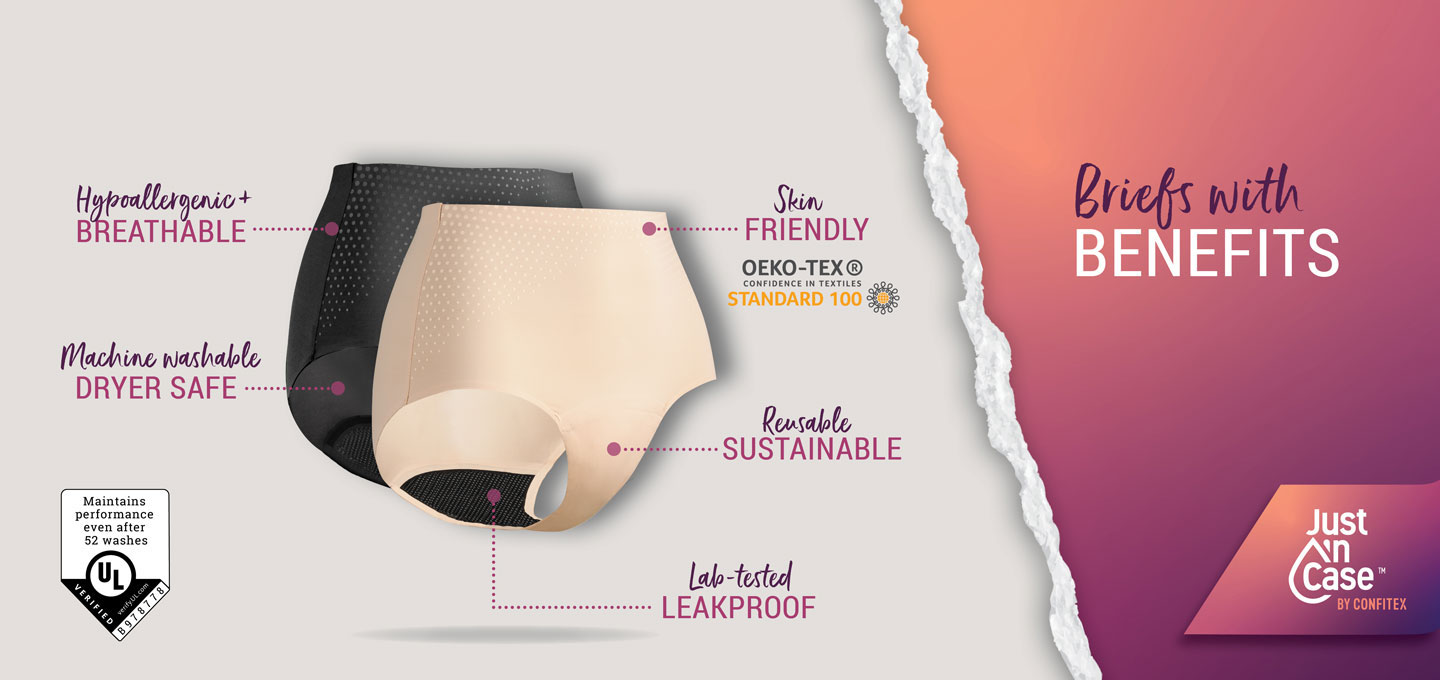 infographic showing benefits of Just'nCase pee-proof panties