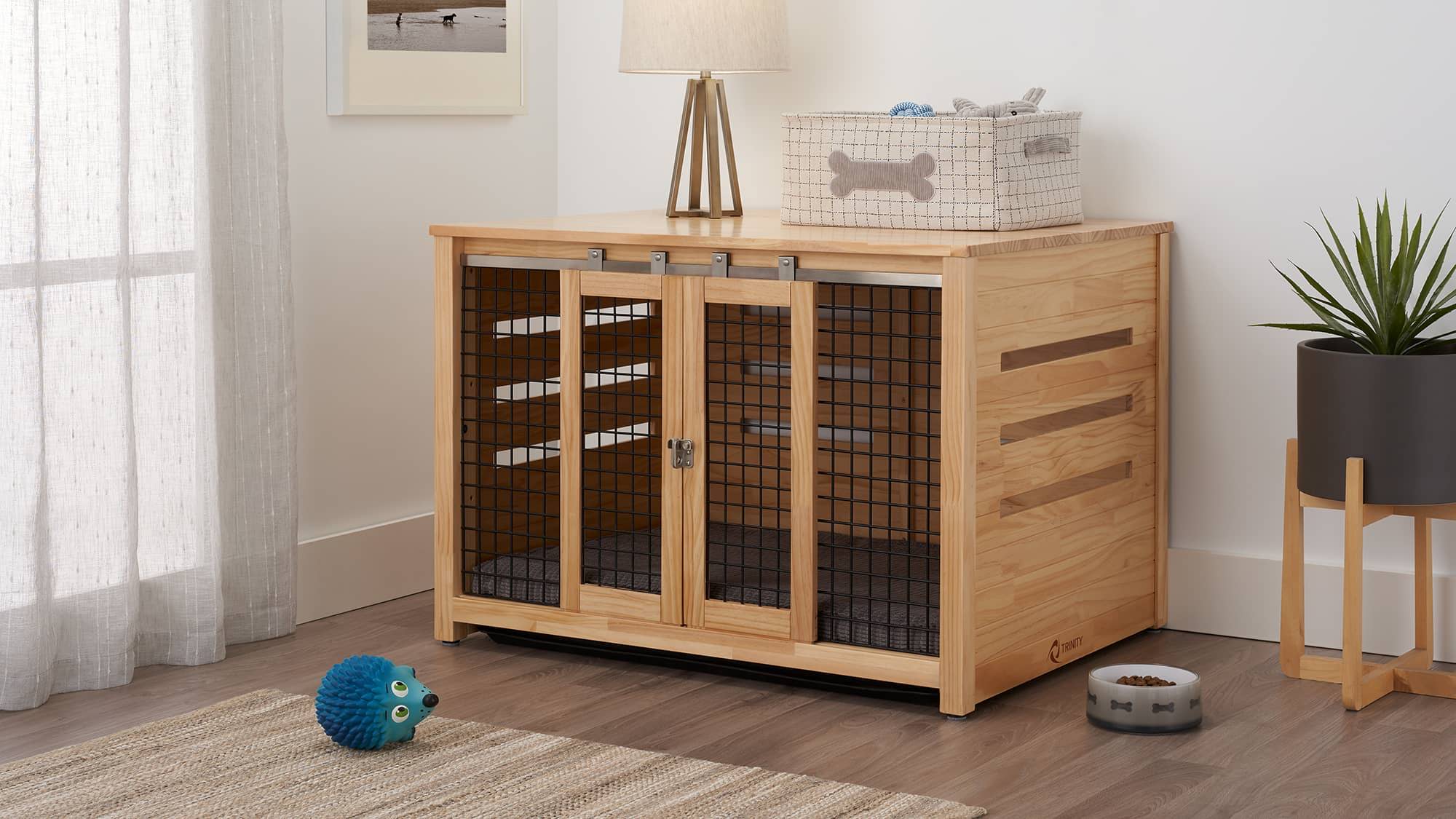 pet crate as accent table in a living room