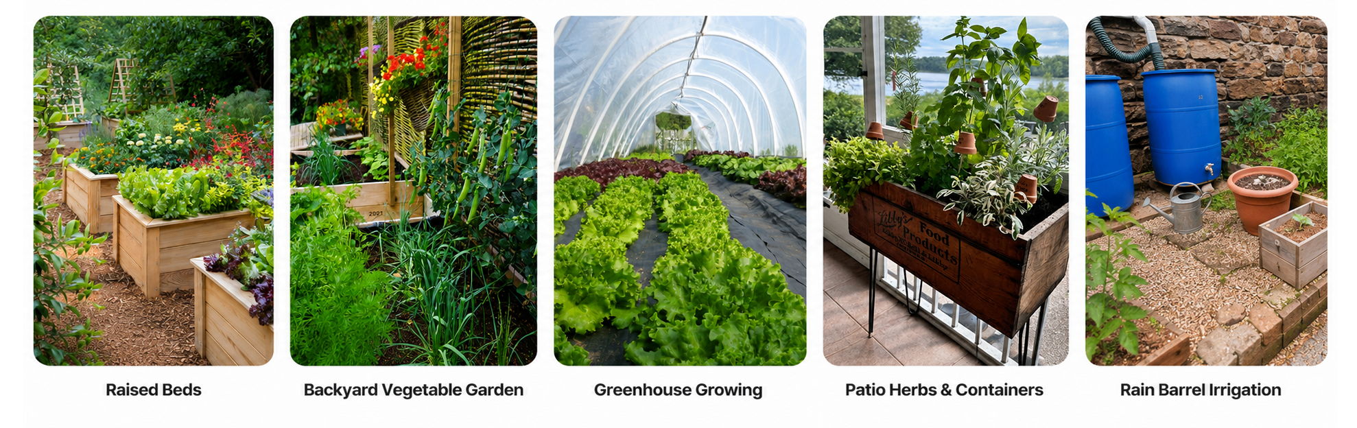 Various gardening setups with plants and tools in different settings.