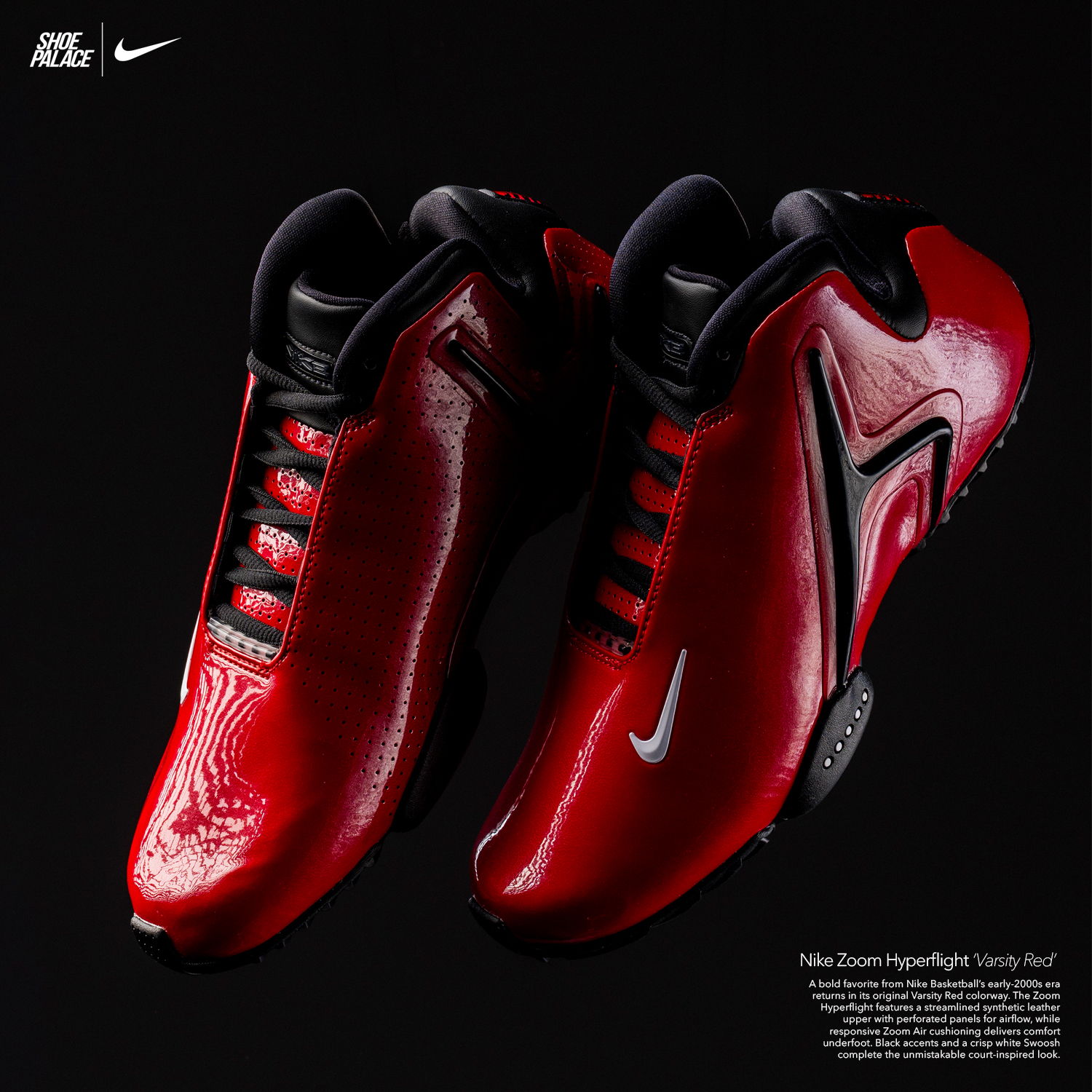 Red Nike sneakers on a black background.