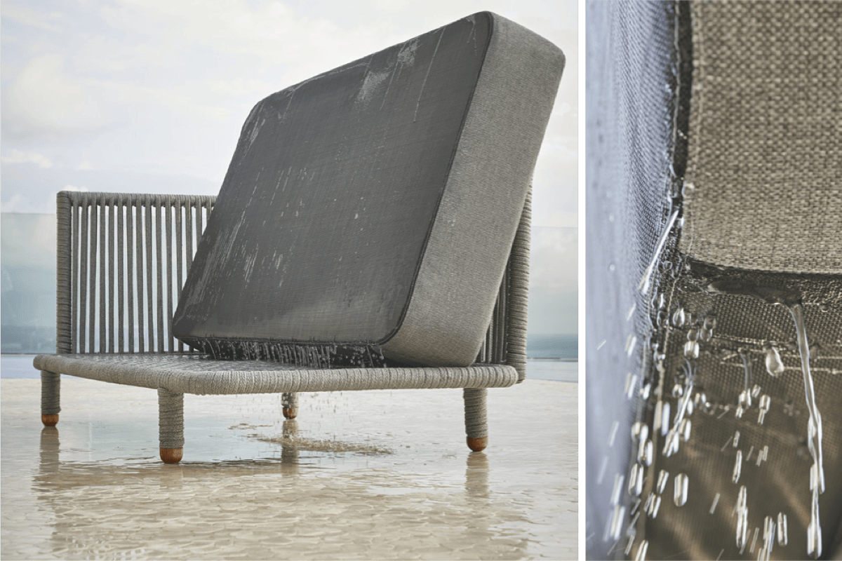 Outdoor lounge chair cushion being sprayed with water beside a close-up of water beading on performance fabric. 