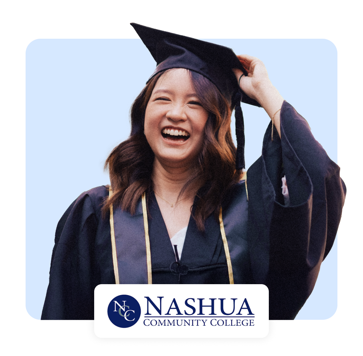 Happy graduate in cap and gown, celebrating at Nashua Community College.