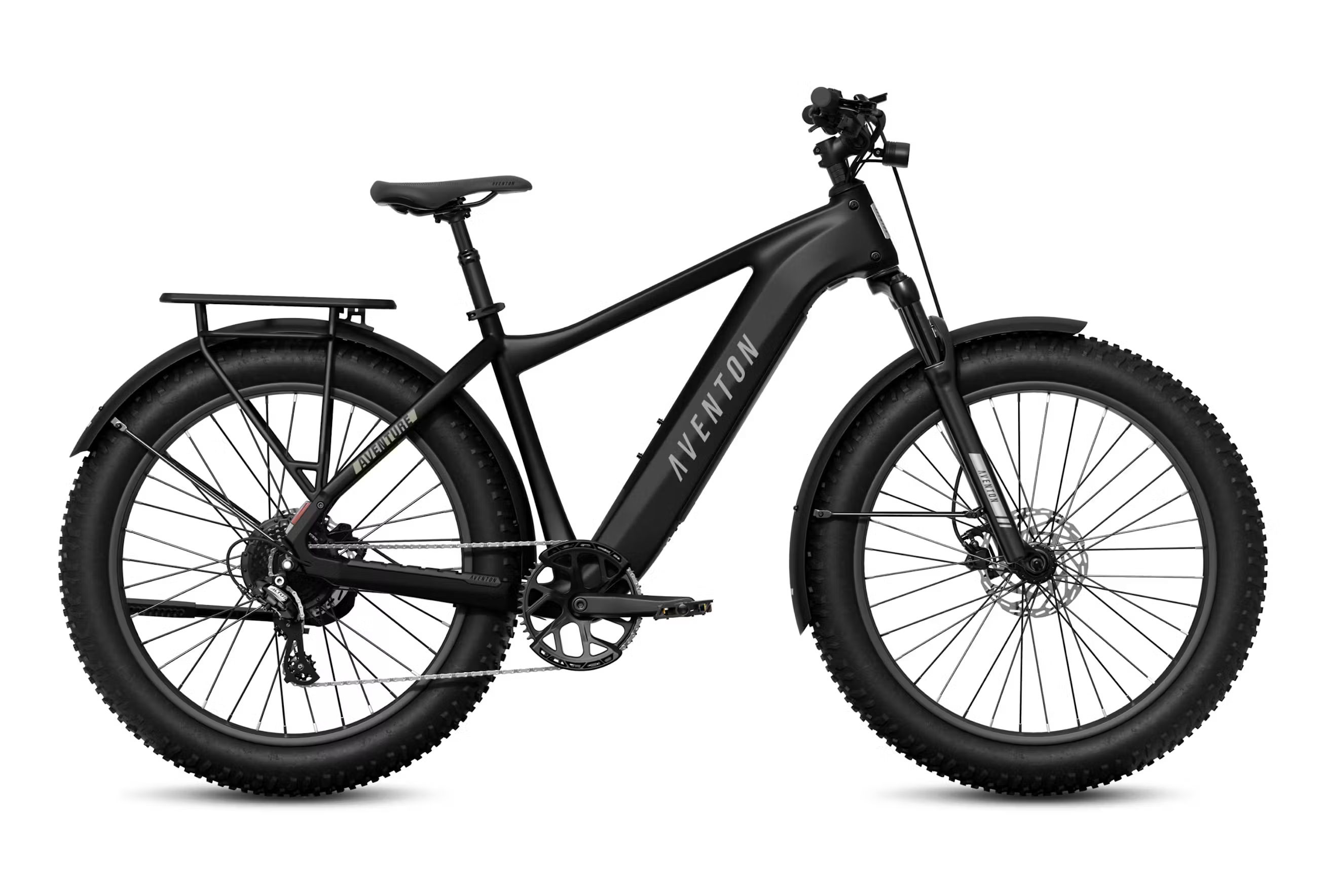 Black electric bike with thick tires and a sleek design.