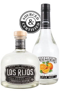 Bottles of Los Rijos tequila and Charles Regnier triple sec with certification seal.