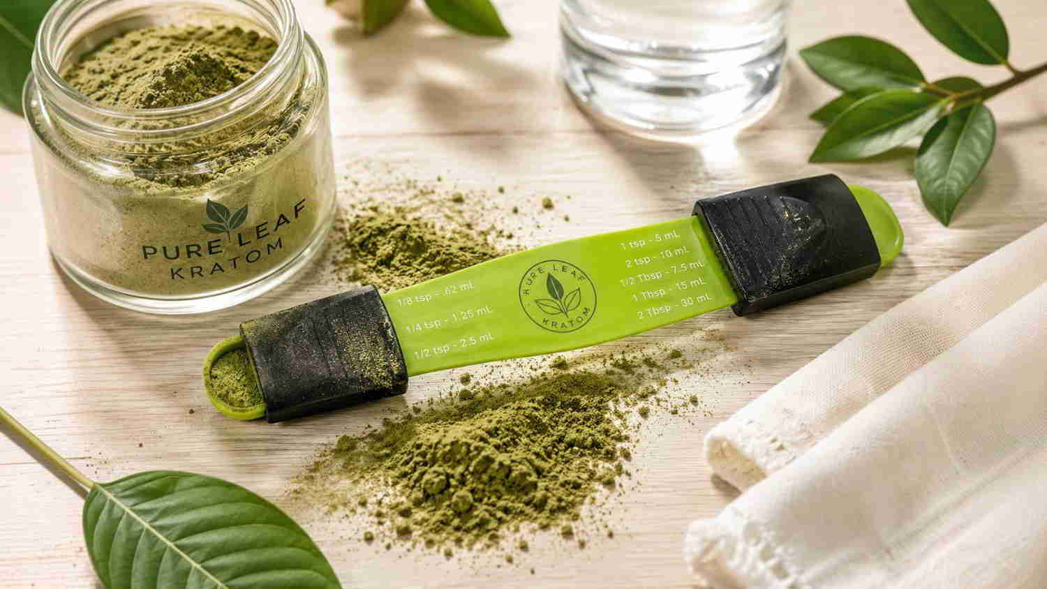 Green matcha powder with measuring spoon, jar, and leaves on a table.