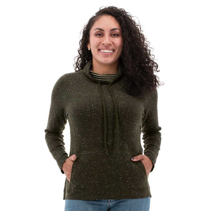 Woman wearing green Seeley Reversible Sweater.