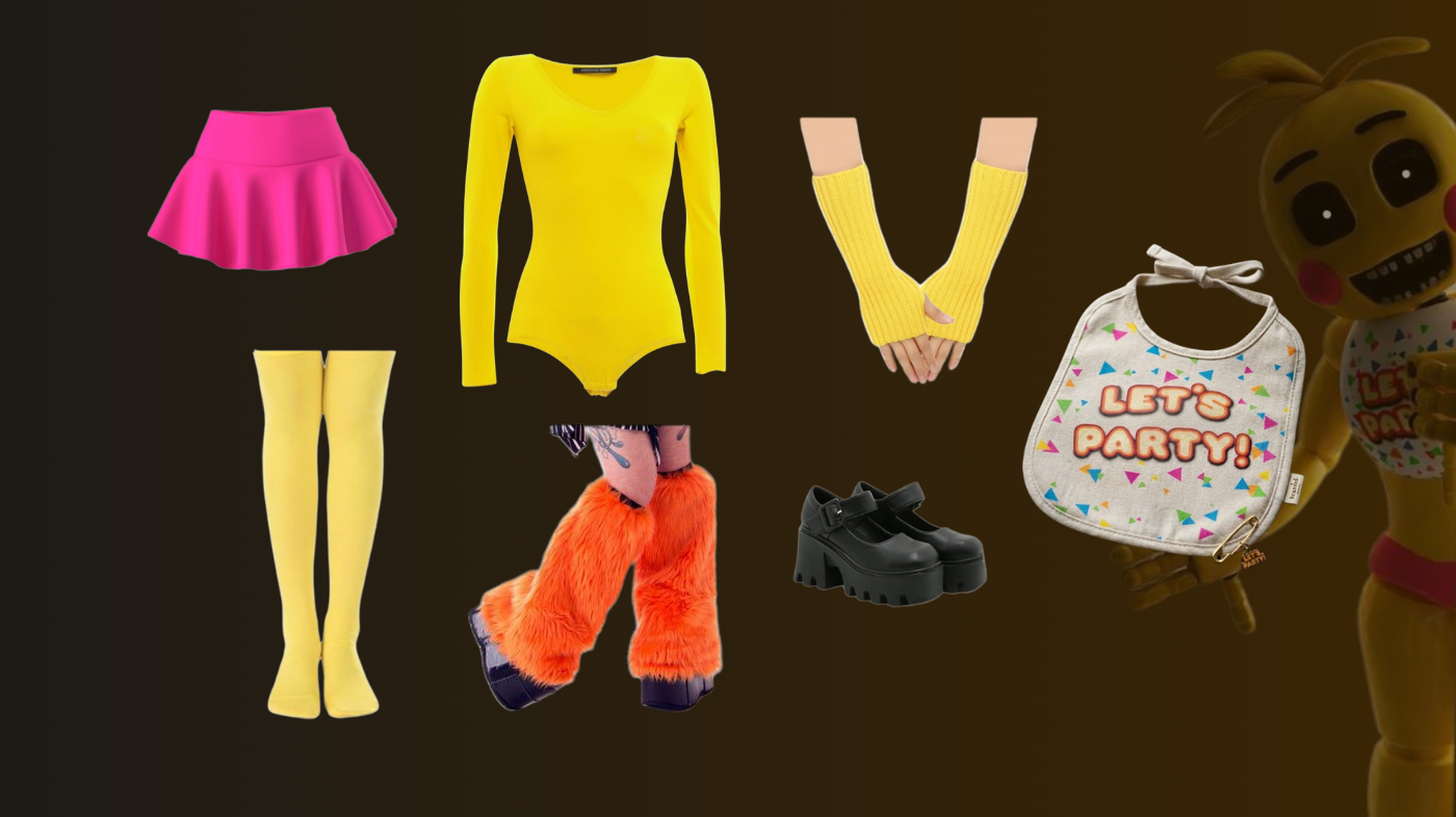 Detailed Toy Chica cosplay costume from Five Nights at Freddy’s featuring bright yellow animatronic bodysuit, pink accents, orange bird-like legs, fingerless gloves, and “Let’s Party” bib for horror game character cosplay