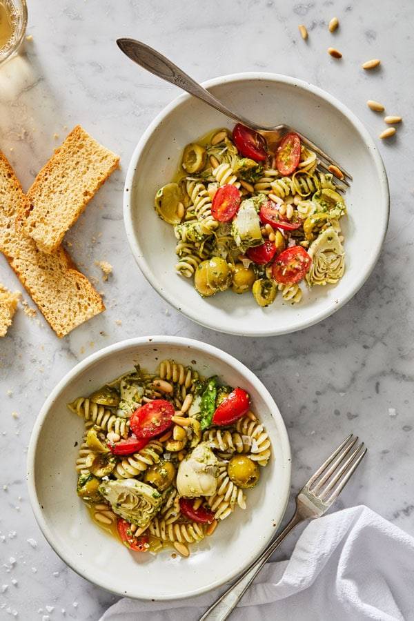Pesto pasta salad with fusilli pasta