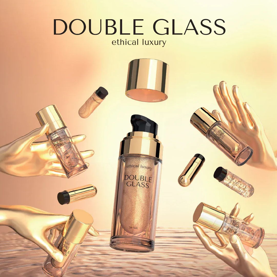Cosmetic products with a golden theme and hands, titled 