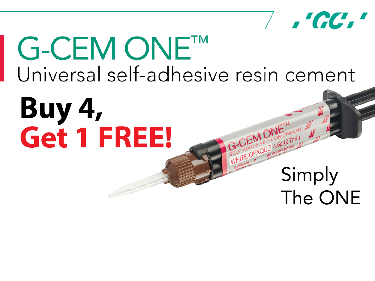 G-CEM ONE universal resin cement promotion: Buy 4, get 1 free.