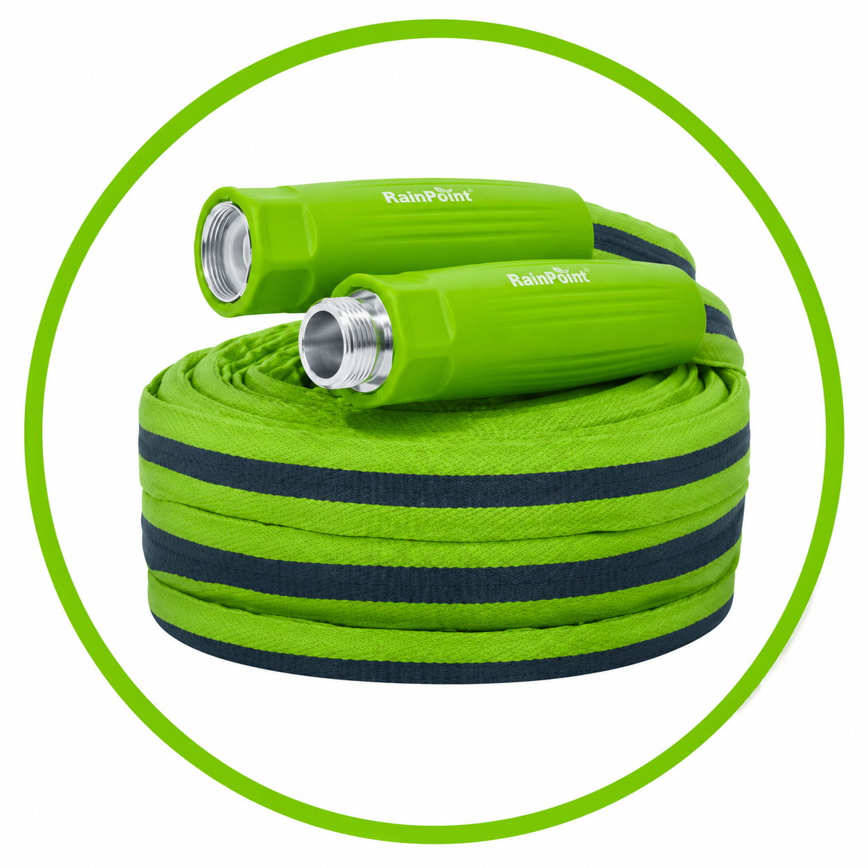 Green garden hose with two nozzles, coiled and ready for use.