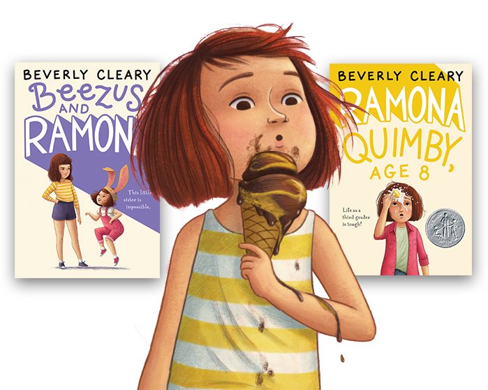 Girl eating ice cream with book covers in background.