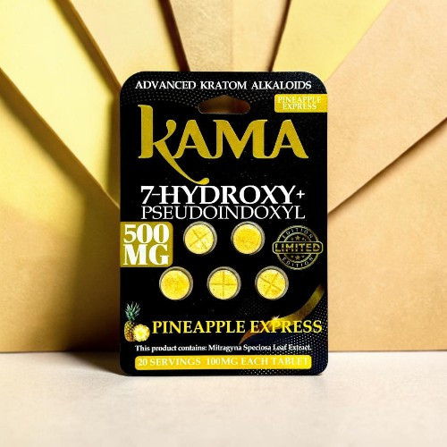 Kama kratom product packaging featuring 500 mg of 7-hydroxypseudopurpurea.