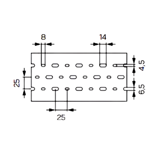 Technical dimension diagram showing the base mounting hole pattern for a B2 wide base industrial wiring duct including slot spacing and oblong perforation measurements