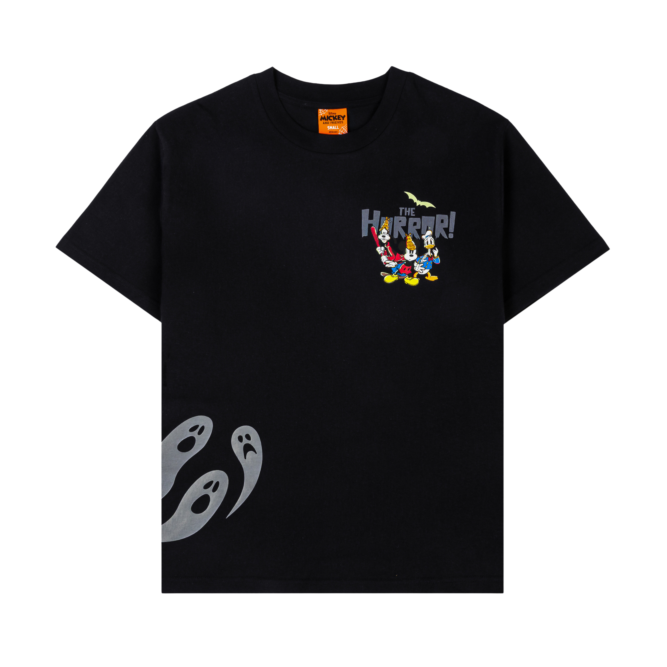 Black t-shirt with ghost and cartoon character graphics.