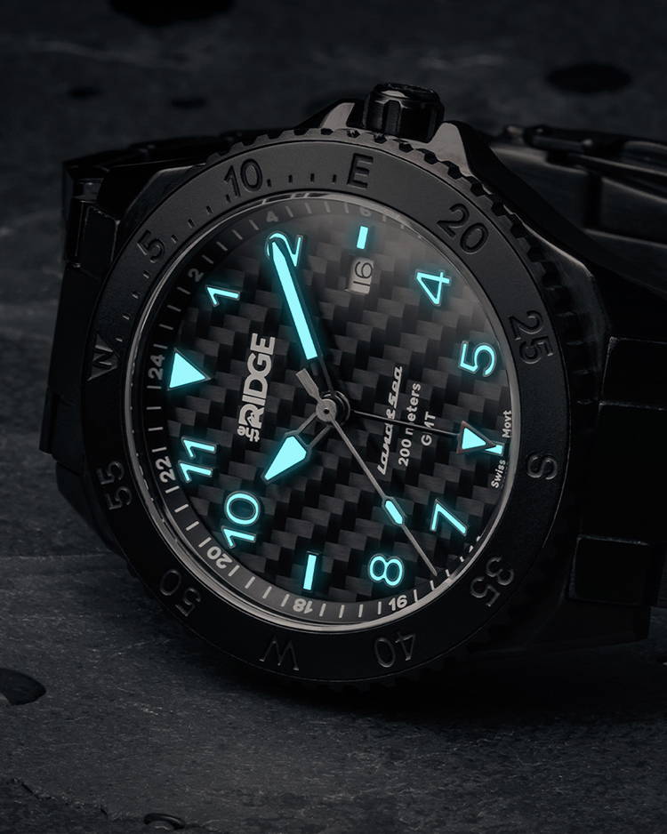 focus view of night mode feature of the Ridge Land & Sea GMT Watch 