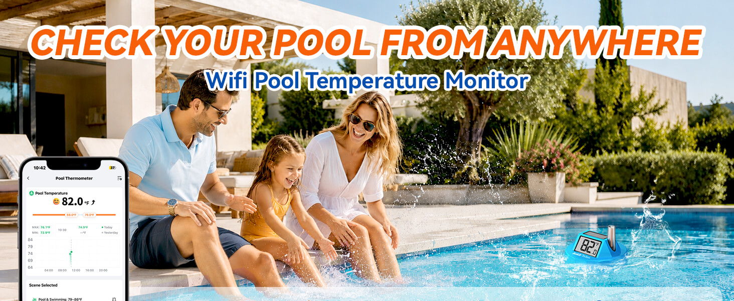 Family by a pool, checking temperature on a smartphone.