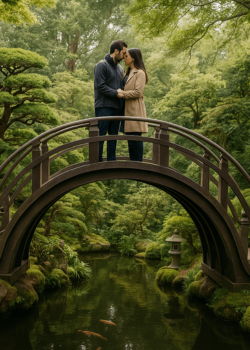 Romantic engagement moment on an arched bridge inside the Japanese Tea Garden in San Francisco