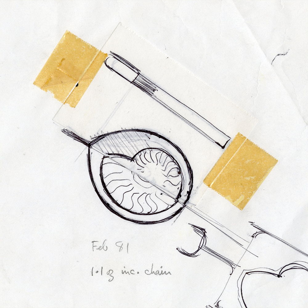Sketch of a nautilus shell with a brush and tools.