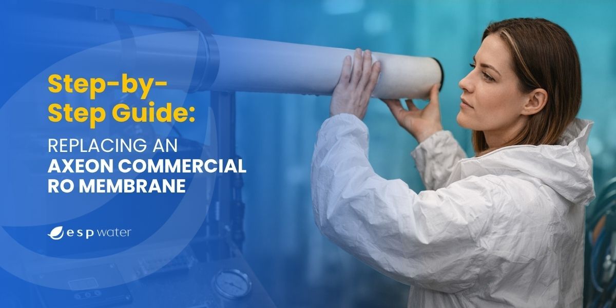 Woman replacing an Axiom commercial RO membrane with a guide.